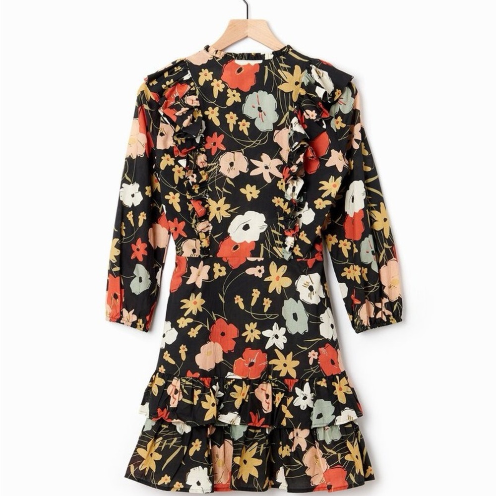 Warm Floral Ruffle Dress - Black, Red, Cream - Picture 3 of 7
